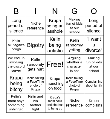 Krupa and Kelin bingo Card