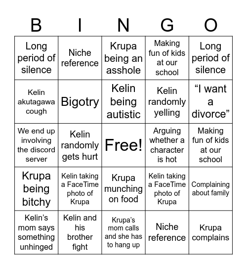 Krupa and Kelin bingo Card