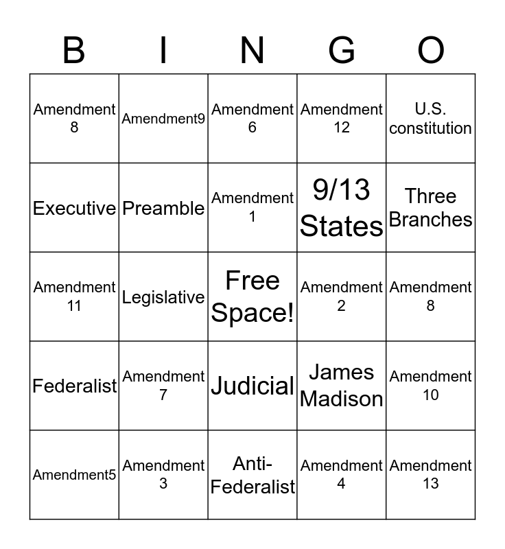 The Constitution Bingo Card