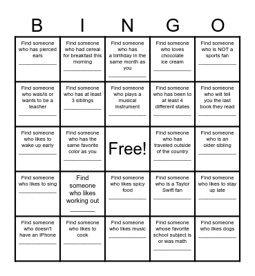Find a Friend Bingo Card