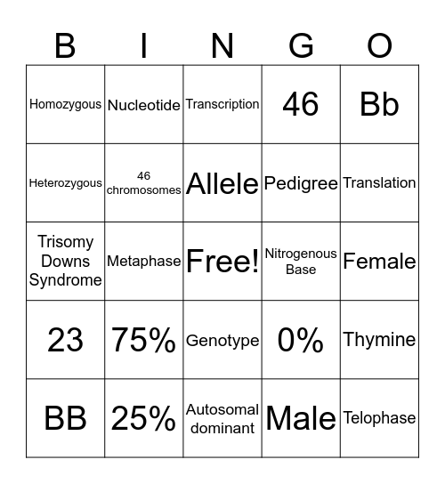 Genetics - Revision Bingo Card