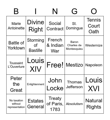 Age of Revolutions Bingo Card
