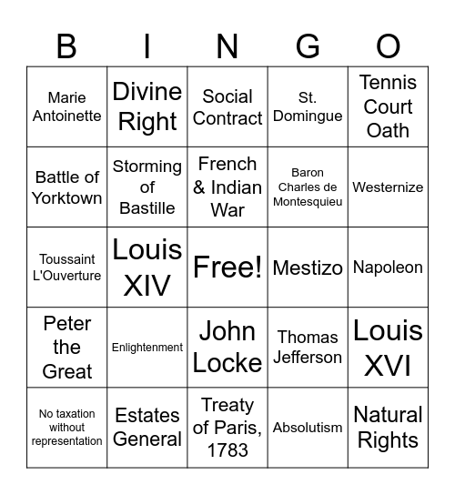 Age of Revolutions Bingo Card