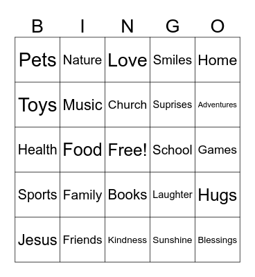 Thankfulness Bingo Card