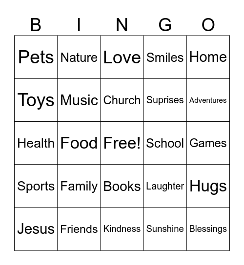 Thankfulness Bingo Card
