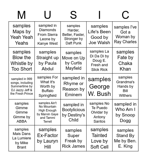 Music Bingo Round 1: Samples (complicated mode) Bingo Card