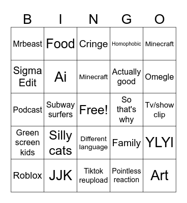 YouTube shorts Bingo Card