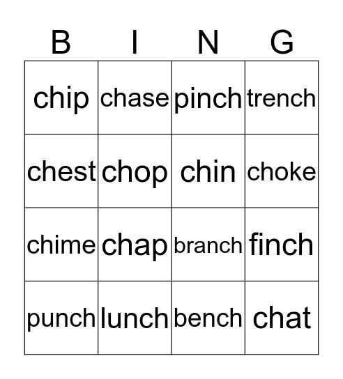 Digraph  /ch/  Bingo Card