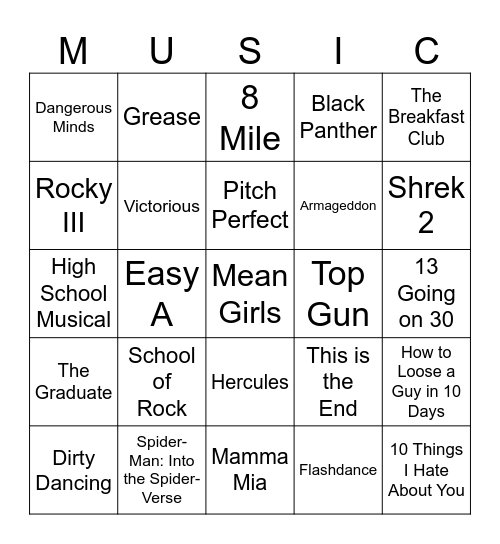 Music Bingo Round 2: Silver Screen Bingo Card