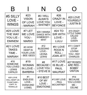 Billboard Top 30 Love Songs Of All Time Bingo Card