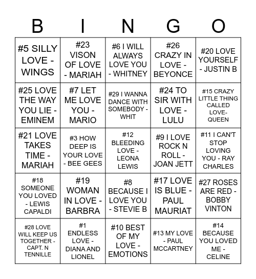 Billboard Top 30 Love Songs Of All Time Bingo Card