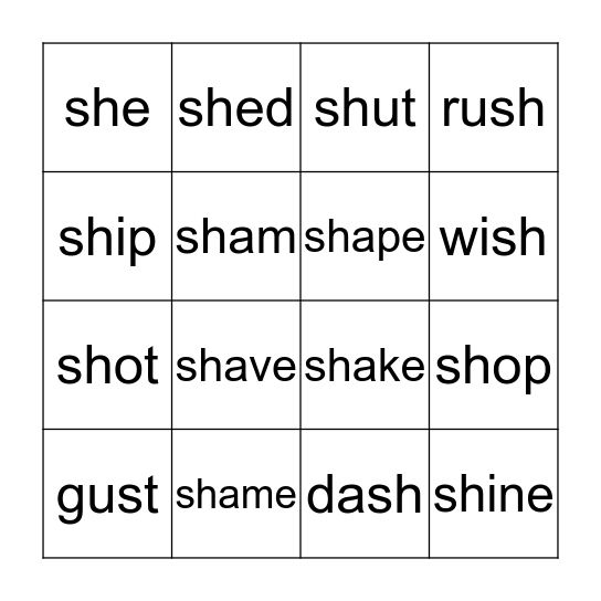 Digraph /sh/ Bingo Card