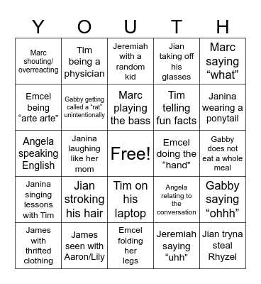 xYouth Bingo Card