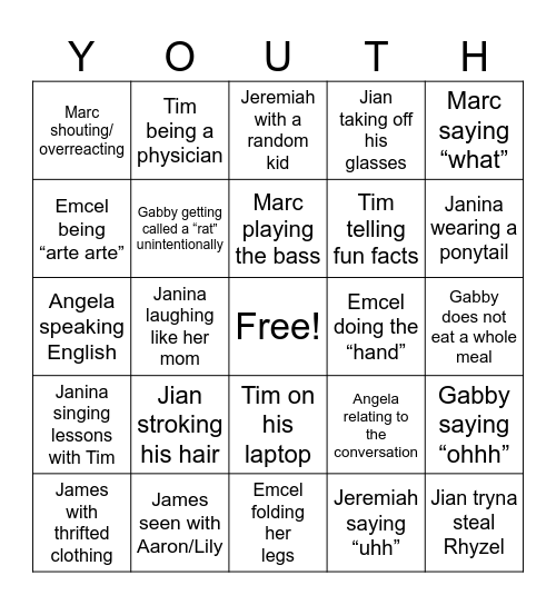 xYouth Bingo Card