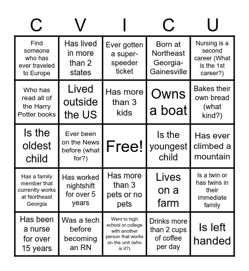 2024 Nurse's Week CVICU Bingo Card