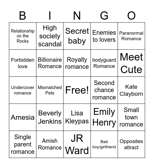 Romance Bingo Card