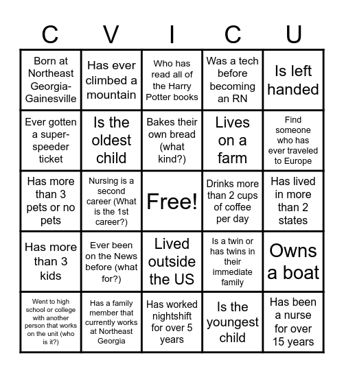 2024 Nurse's Week CVICU Bingo Card