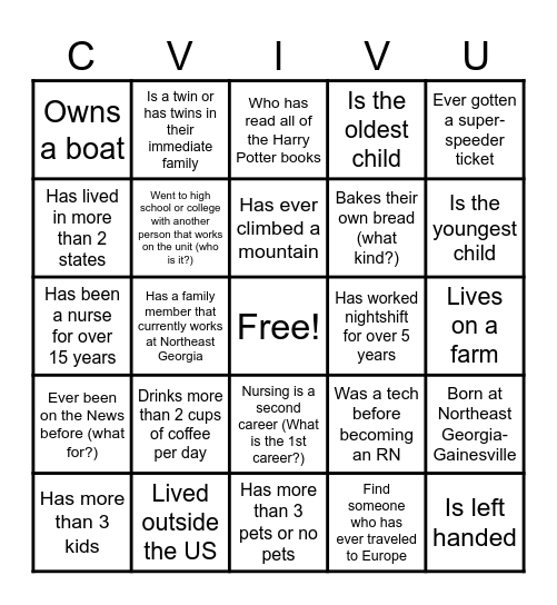 2024 Nurse's Week CVICU Bingo Card