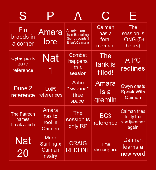 Spelljammer: Redline - Session 14 Bingo Card