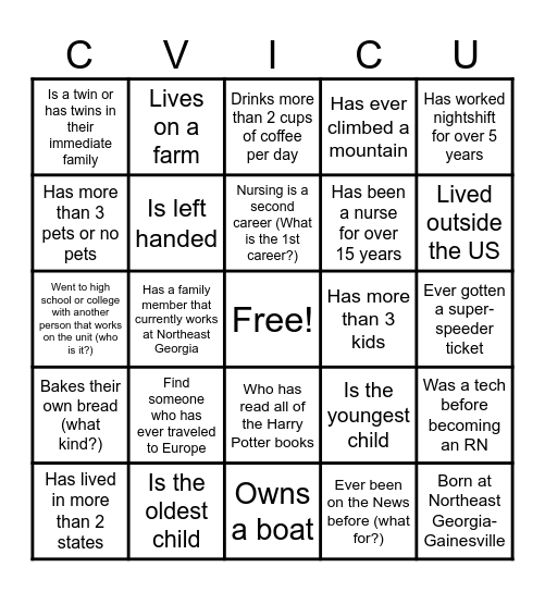 2024 Nurse's Week CVICU Bingo Card