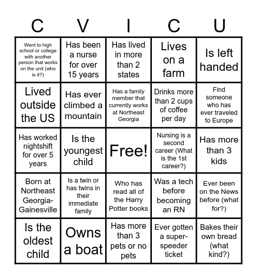 2024 Nurse's Week CVICU Bingo Card