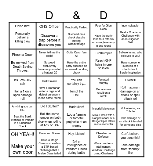 Dungeons and Flagons - Trial Bingo Card
