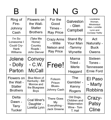 Classic Country Music Bingo Card