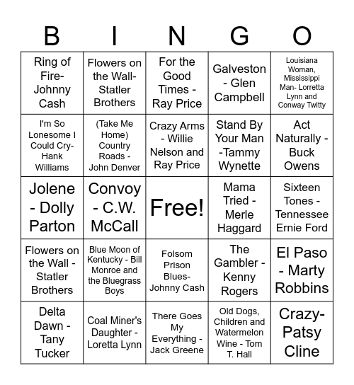 Classic Country Music Bingo Card