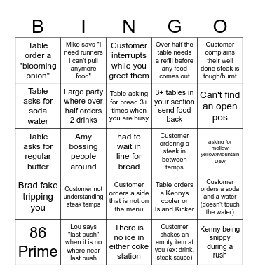 Night at Roadhouse Bingo Card