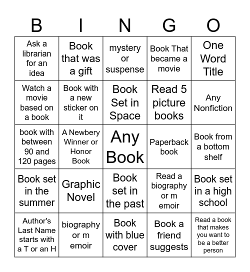 Tween Summer Reading Bingo Card