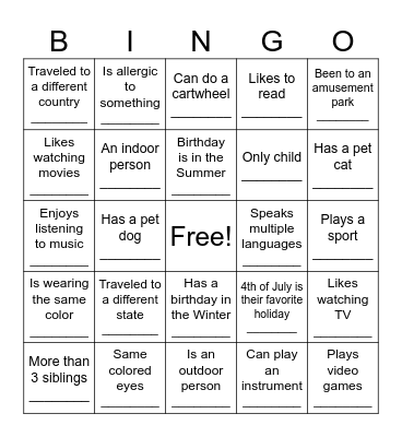 Classmate Bingo Card