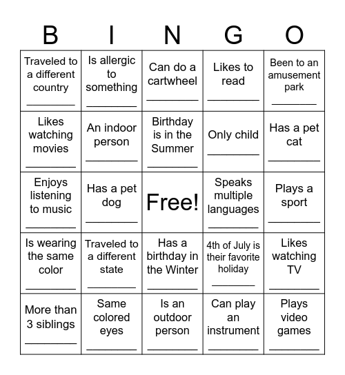 Classmate Bingo Card