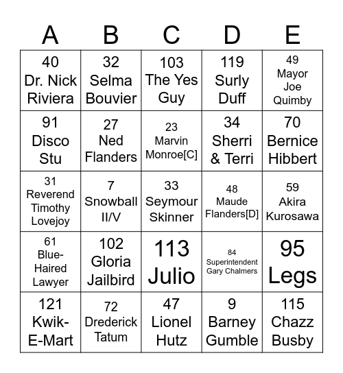 THE SIMPSONS 2024 Bingo Card