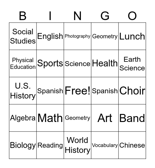 school Subjects Bingo Card
