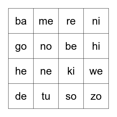 Open Syllable Words Bingo Card