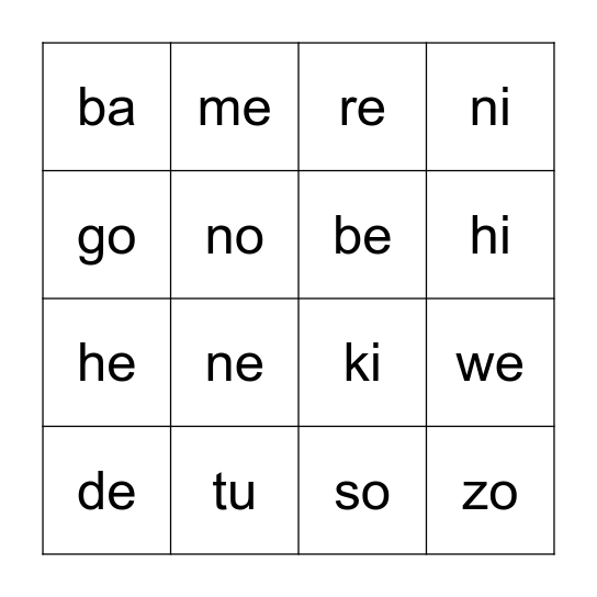 Open Syllable Words Bingo Card