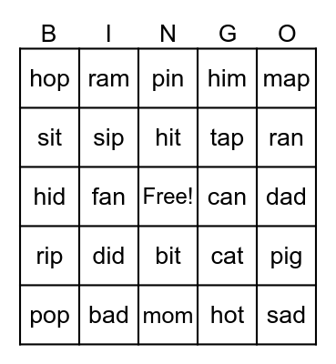 short a,i and o Bingo Card