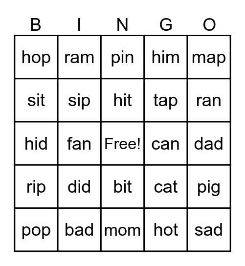 short a,i and o Bingo Card