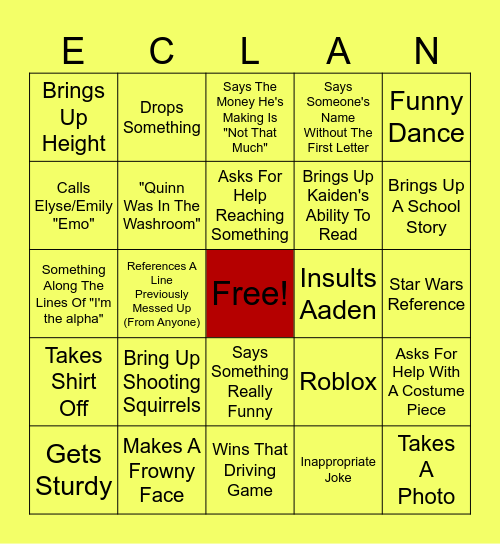 Declan Bingo Card