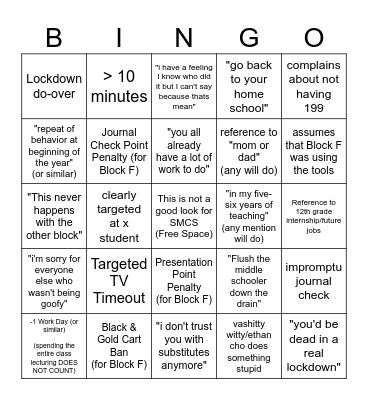 Kingman Block F Lecture Bingo Card Bingo Card