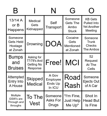 Medical Drinking/High Night Bingo Card
