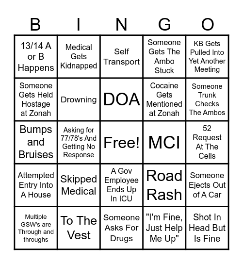 Medical Drinking/High Night Bingo Card