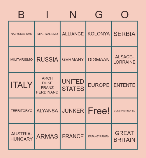WORD WAR I Bingo Card