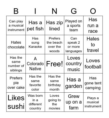 GETTING TO KNOW YOU Bingo Card