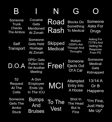 Medical Drinking/High Night Bingo Card