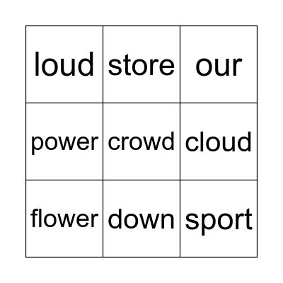 ow /aʊ/、ou /aʊ/、or(e) /ɔːr/ Bingo Card