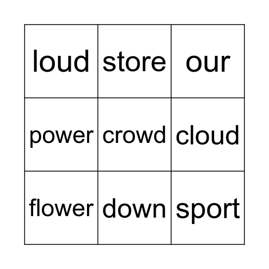 ow /aʊ/、ou /aʊ/、or(e) /ɔːr/ Bingo Card