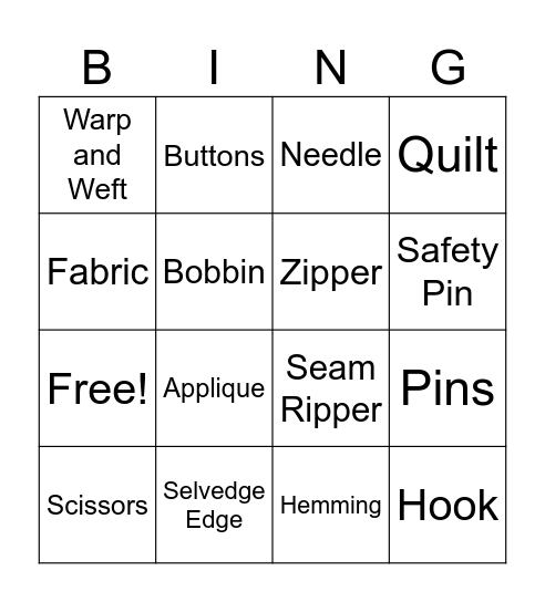 Sewing Room Bingo Card