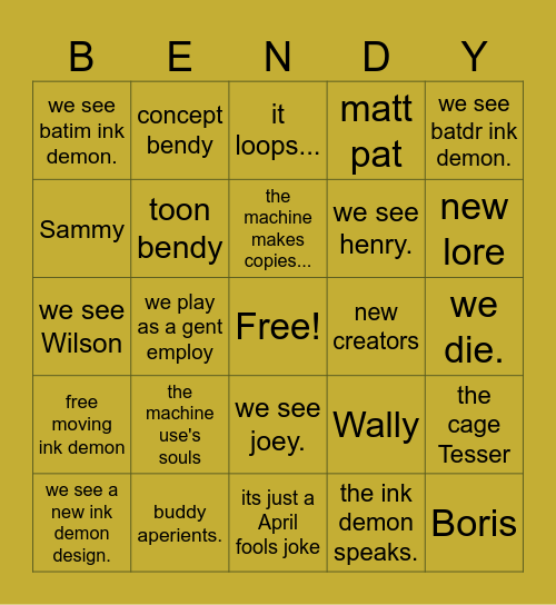 Bendy: Secrets of the Machine bingo Card