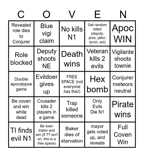 Town of Salem 2 BINGO BOARD Bingo Card